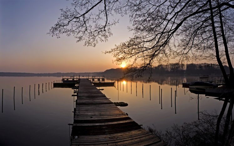nature, Lakes, Dock, Pier, Water, Reflection, Shore, Sky, Sunrise, Sunset, Trees HD Wallpaper Desktop Background