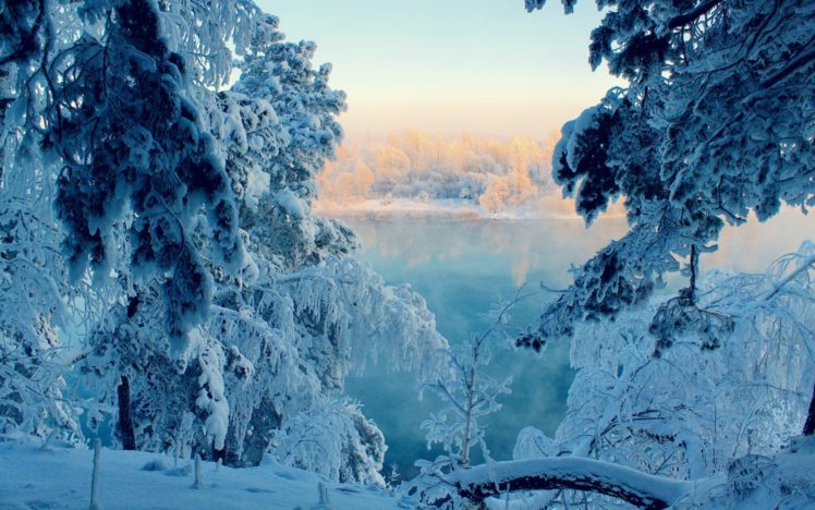 nature, Lakes, Trees, Forest, Sunlight, Sunrise, Reflection, Water, Winter, Snow, Seasons, Woods HD Wallpaper Desktop Background
