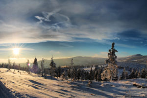 nature, Landscapes, Mountains, Meadow, Trees, Forest, Winter, Snow, Seasons, Sky, Clouds, Cold, Sunset, Sunrise, Sunlight