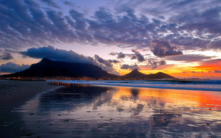 ocean, Sea, Sunset, Sunrise, Reflection, Mountains, Lights HD Wallpaper Desktop Background