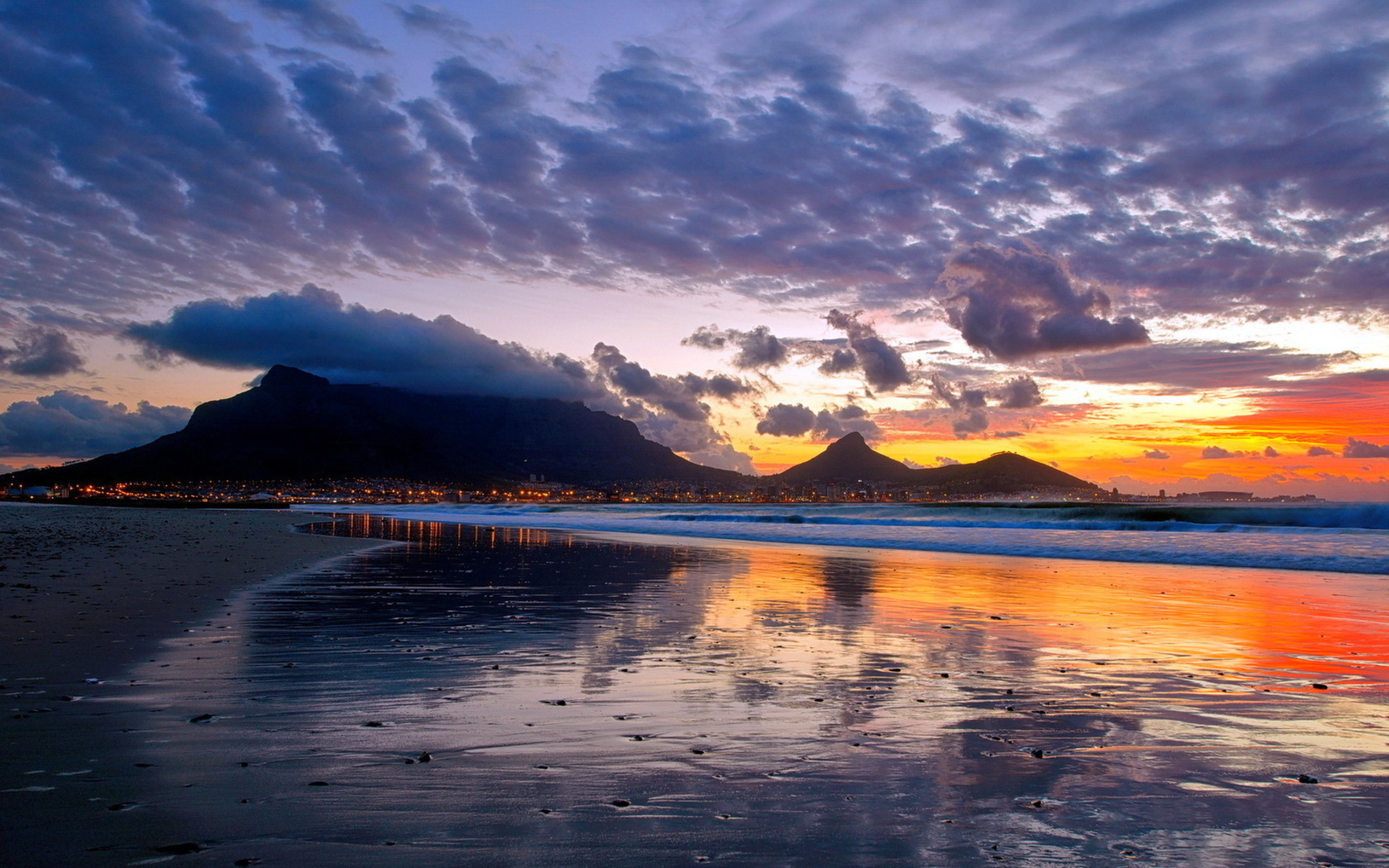 ocean, Sea, Sunset, Sunrise, Reflection, Mountains, Lights Wallpaper