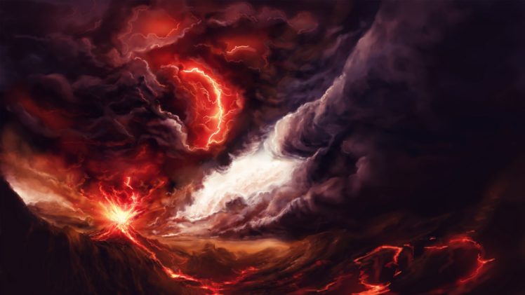 art, Volcano, Explosion, Fire, Smoke, Mountains, Lightning, Storm HD Wallpaper Desktop Background