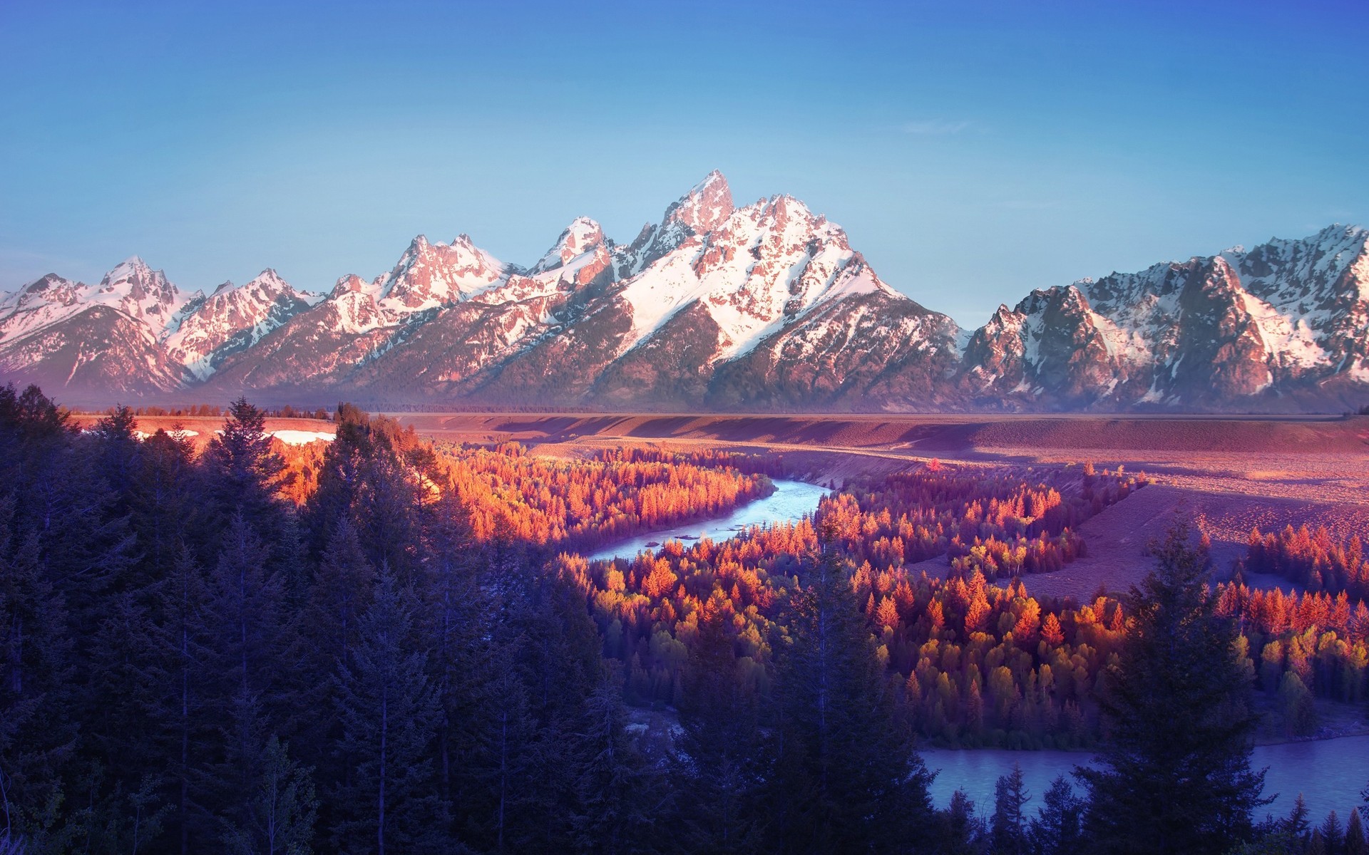 sunsets, Mountains, Landscapes, Nature, Trees, Autumn, Forest, Fall, Rivers, Tetons Wallpaper