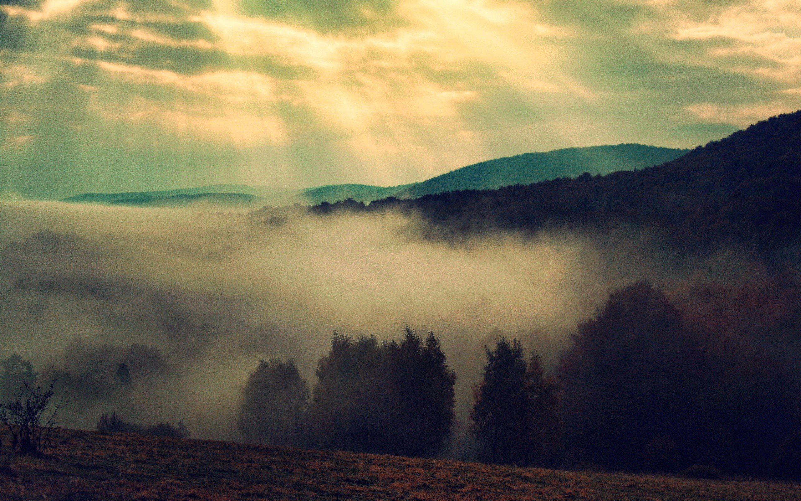 mountains, Clouds, Landscapes, Nature, Trees, Fog, Mist, Sunlight, Bieszczady Wallpaper