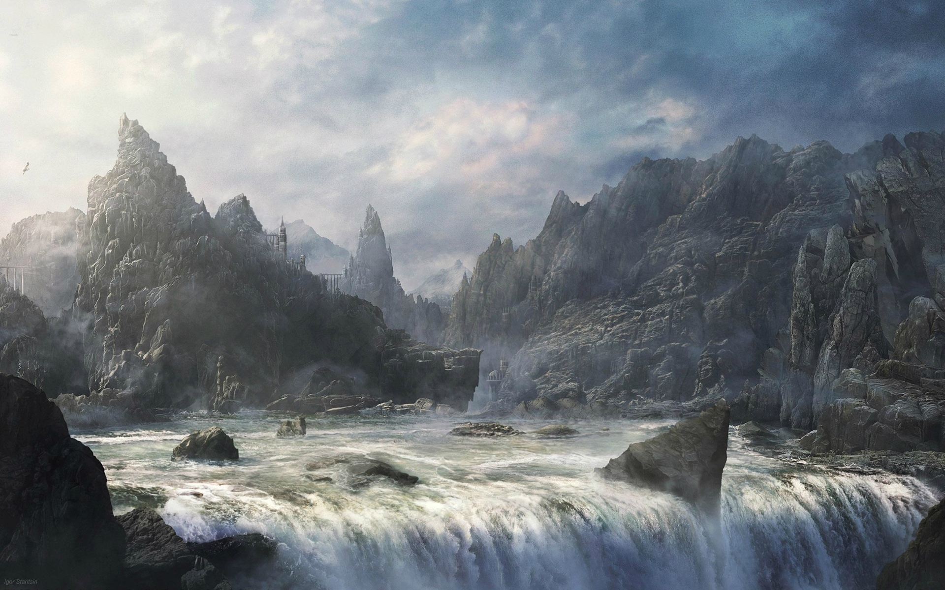 art, Paintings, Fantasy, Landscapes, Mountains, Fog, Mist, Castle Wallpaper