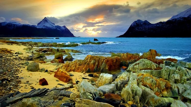 coast, Shore, Rocks, Wood, Fjord, Lakes, Mountains, Landscapes, Sunset, Sunrise HD Wallpaper Desktop Background