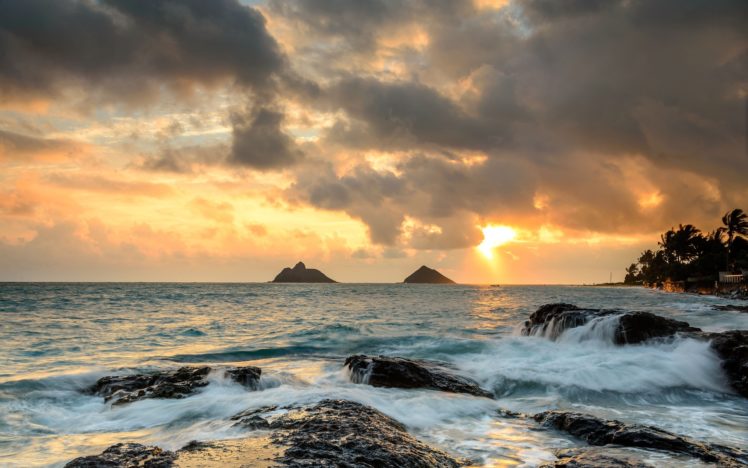 ocean, Waves, Beaches, Shore, Coast, Sky, Sunset, Sunrise, Islands HD Wallpaper Desktop Background