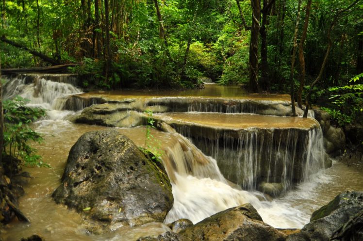 green, Thailand, Parks, Waterfalls, Forest, Stones, Erawan, Nature, River HD Wallpaper Desktop Background