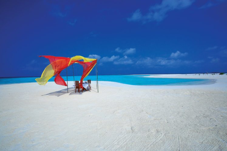 maldives, Ocean, Beach, Sand, Water, Clouds, Chairs, Tropical HD Wallpaper Desktop Background