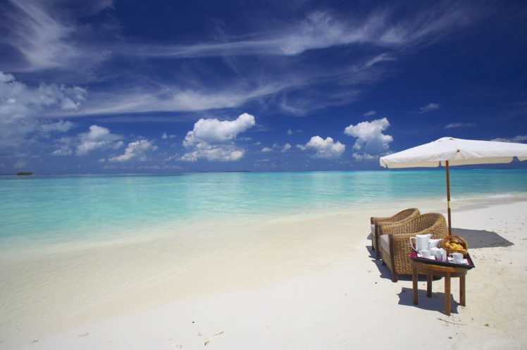maldives, Ocean, Beach, Sand, Water, Clouds, Umbrella, Tropical HD Wallpaper Desktop Background