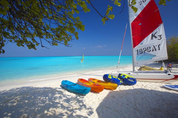 maldives, Ocean, Sun, Sand, Beach, Catamaran, Sailing, Banana, Tropical HD Wallpaper Desktop Background