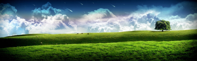 multi, Monitor, Dual, Screen, Cg, Digital, Art, Dream, Manip, Grass, Hill, Trees, Sky, Clouds, Stars HD Wallpaper Desktop Background