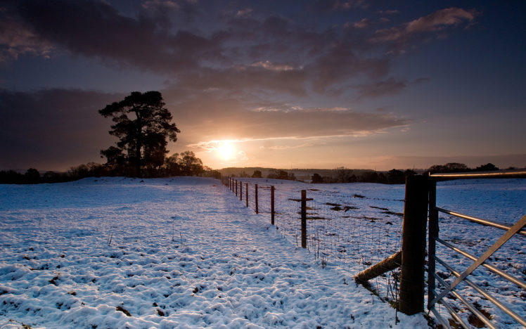 fields, Winter, Snow, Sunset, Sunrise, Sky, Clouds, Fence, Trees HD Wallpaper Desktop Background
