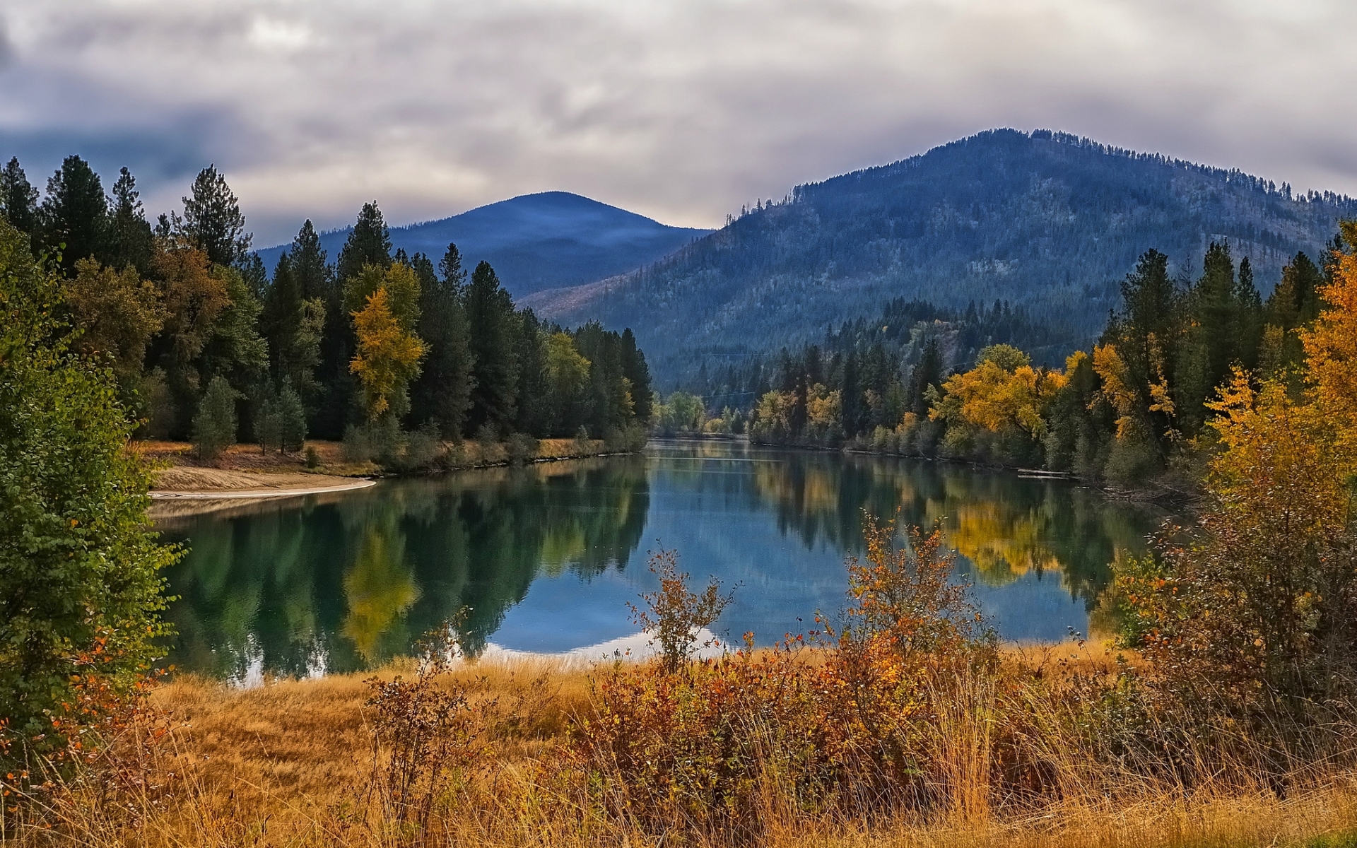 landscapes, Trees, Forest, Mountains, Sky, Clouds, Autumn, Fall, Reflection Wallpaper