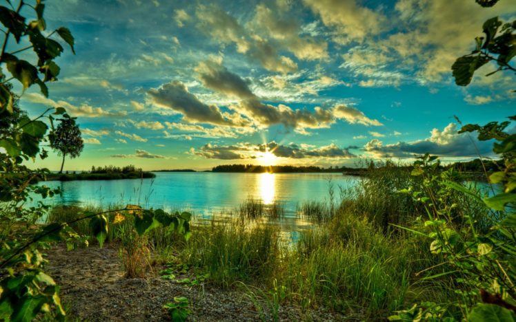 landscapes, Lakes, Water, Reflection, Plants, Shore, Beaches, Sky, Clouds, Sunset, Sunrise HD Wallpaper Desktop Background