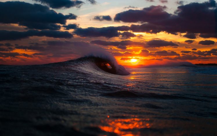 ocean, Sea, Waves, Sunset, Sunrise, Sky, Clouds, Spray, Splash, Drops HD Wallpaper Desktop Background