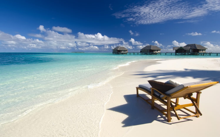 maldives, Conrad, Beach, Ocean, Sea, Seascape, Resort, Cabin, Houses, Dock, Pier, Tropical, Vacation, Chair, Waves, Sky, Clouds HD Wallpaper Desktop Background