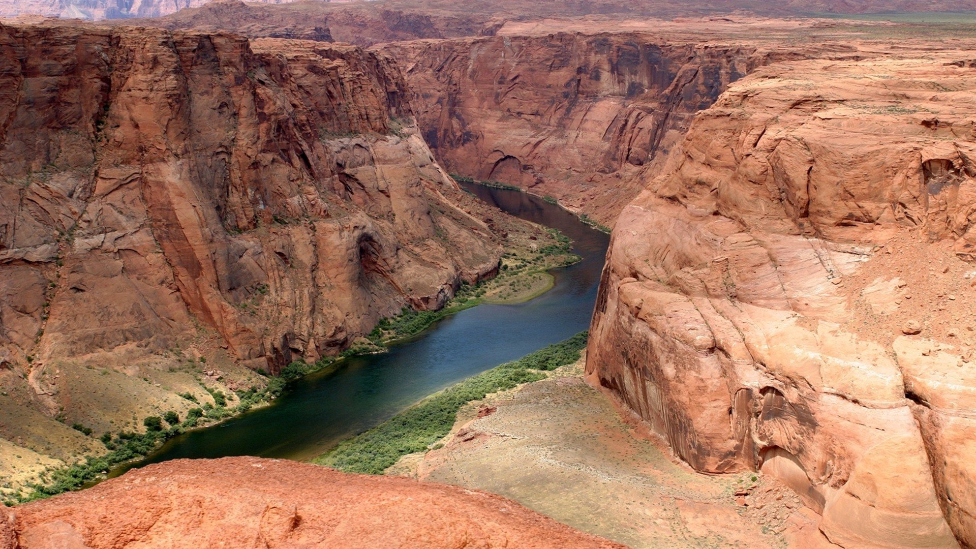 green, Water, Landscapes, Nature, Red, Canyon, Cliffs, Plants, Arizona, Rivers, Colorado, River Wallpaper