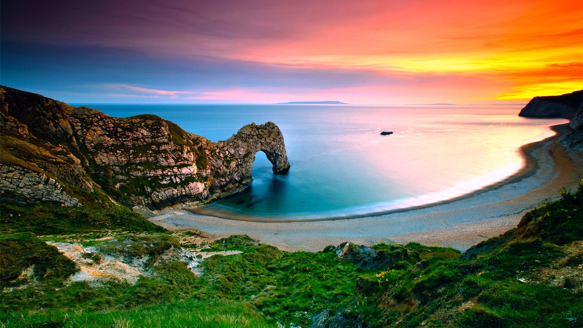 landscape, Nature, Sea, Sunrise, Coast, Rock, Arch, Grass, England Wallpaper