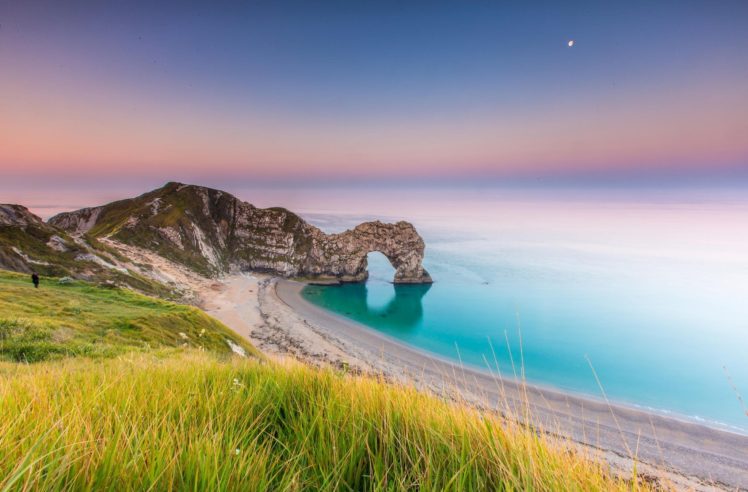landscape, Nature, Sea, Sunrise, Coast, Rock, Arch, Grass, England HD Wallpaper Desktop Background