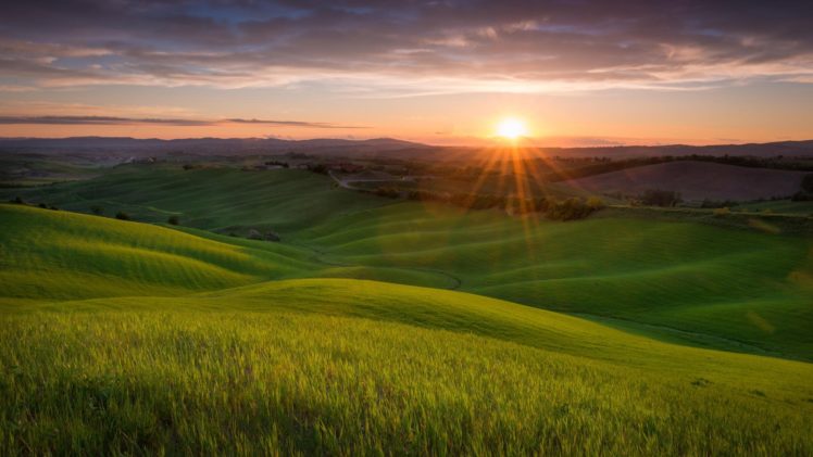 landscape, Nature, Field, Hills, Sunset, Sun, Tuscany, Italy HD Wallpaper Desktop Background