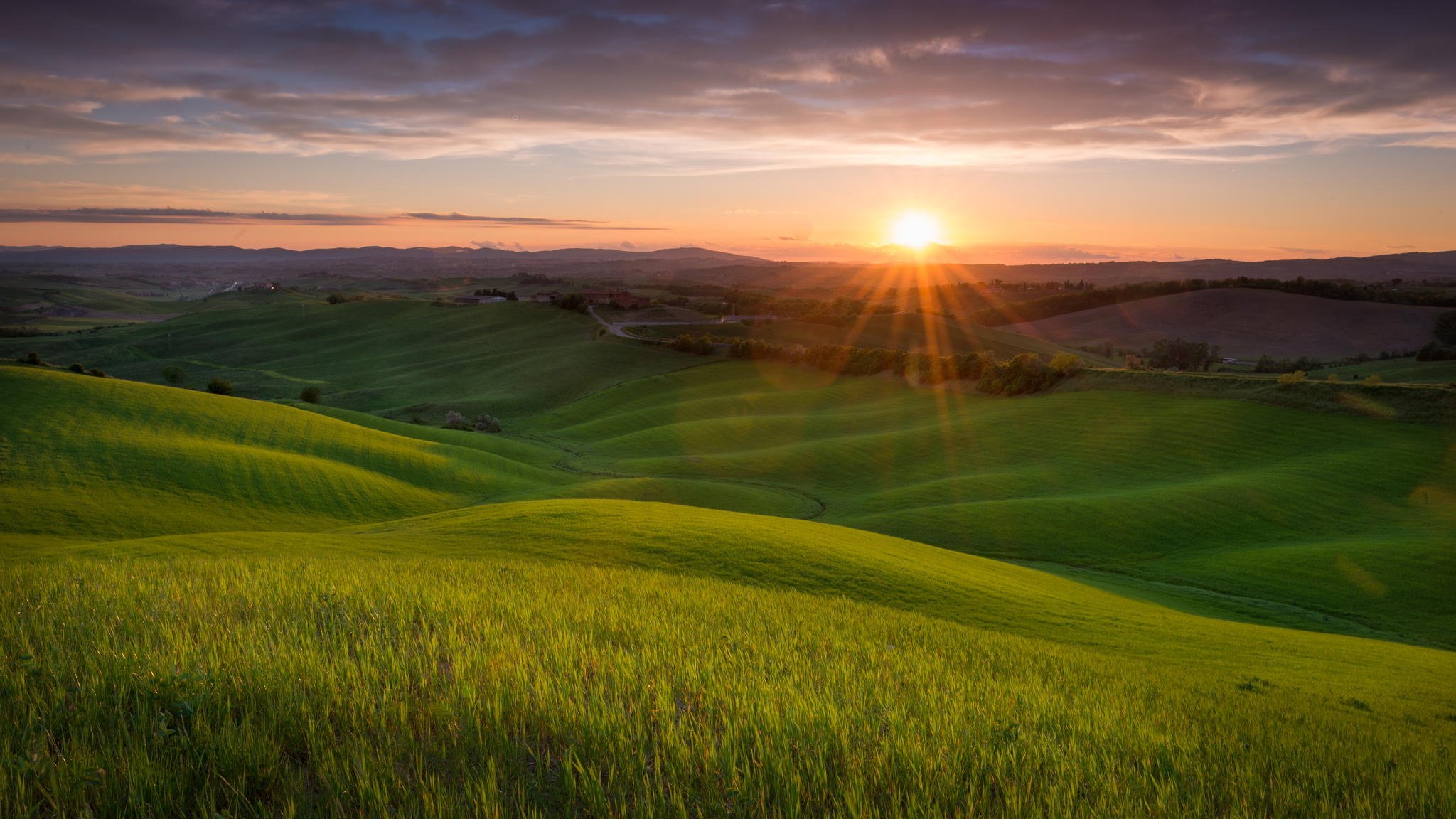 landscape, Nature, Field, Hills, Sunset, Sun, Tuscany, Italy Wallpaper