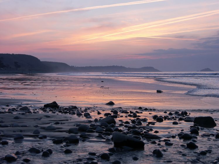 sunset, Rocks, Beach, Sea HD Wallpaper Desktop Background