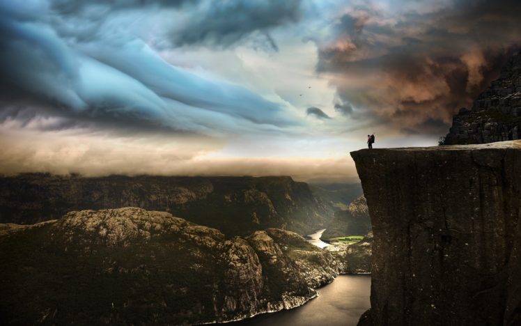 preikestolen, Norway, Photo, By, Robin, Kamp, Landscape, Mountains, Sky, Clouds, Man, Cliff, Rock, River HD Wallpaper Desktop Background