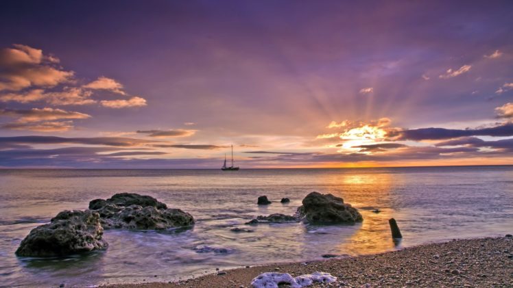 sunset, Landscape, Sea, Ship HD Wallpaper Desktop Background