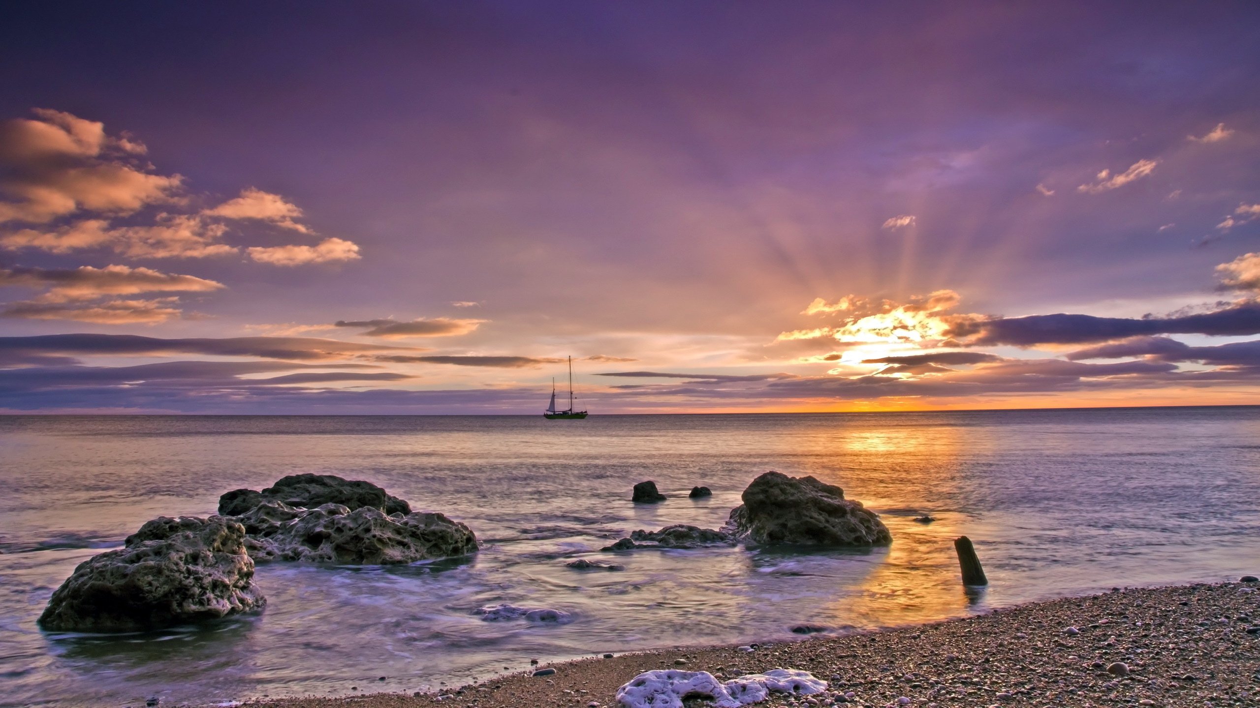 sunset, Landscape, Sea, Ship Wallpaper