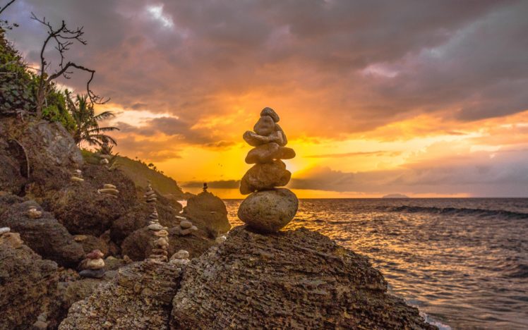 rocks, Stones, Sunset, Stacked, Stack, Shore HD Wallpaper Desktop Background