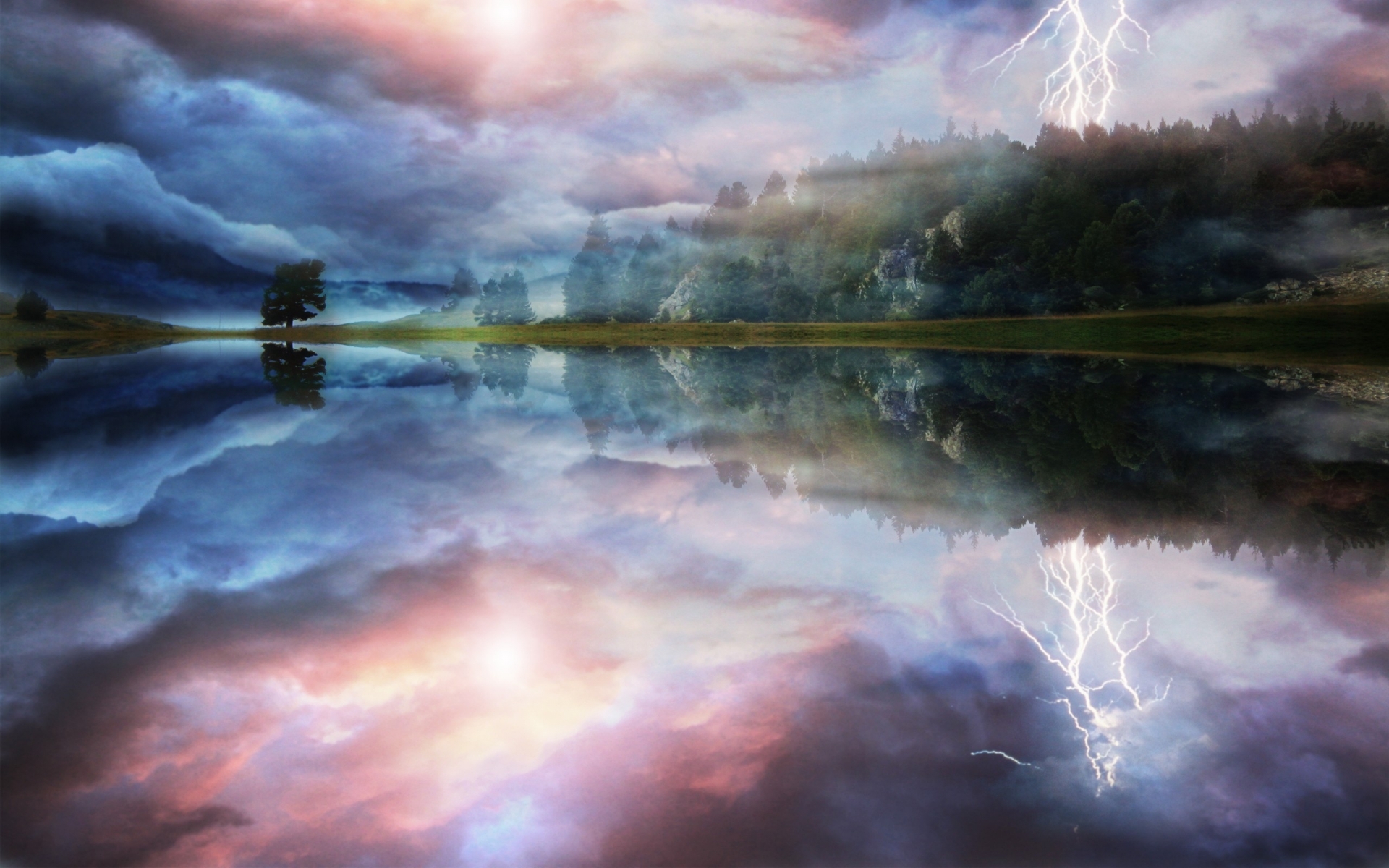 , 1, Manipulations, Cg, Digital, Art, Landscapes, Reflection, Lakes, Storm, Lightning, Fog, Sky, Clouds Wallpaper