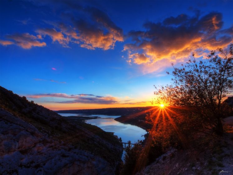 france, Sunrises, And, Sunsets, River, Sky, Aiguines, Clouds, Nature HD Wallpaper Desktop Background