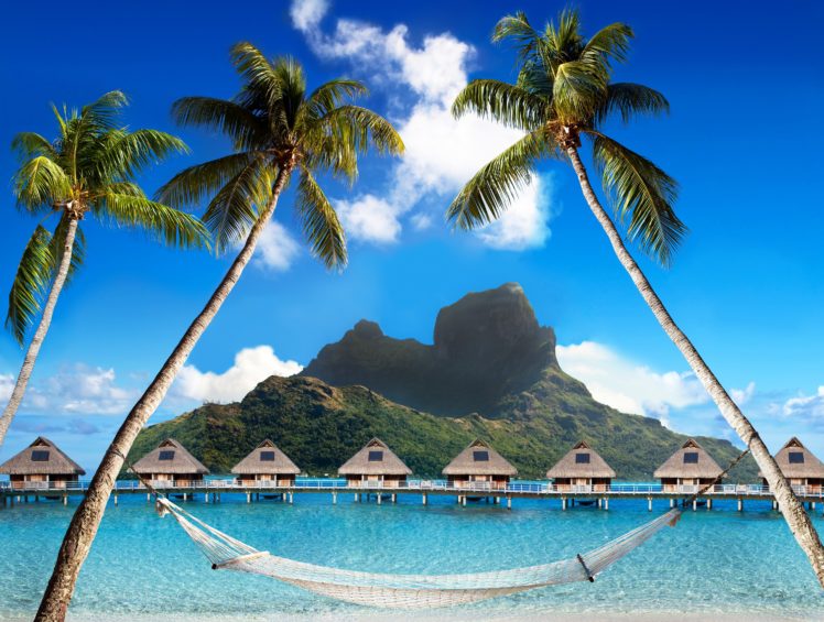 french, Polynesia, Tropics, Mountains, Sky, Sea, Bora bora, Bungalow, Palma, Nature HD Wallpaper Desktop Background