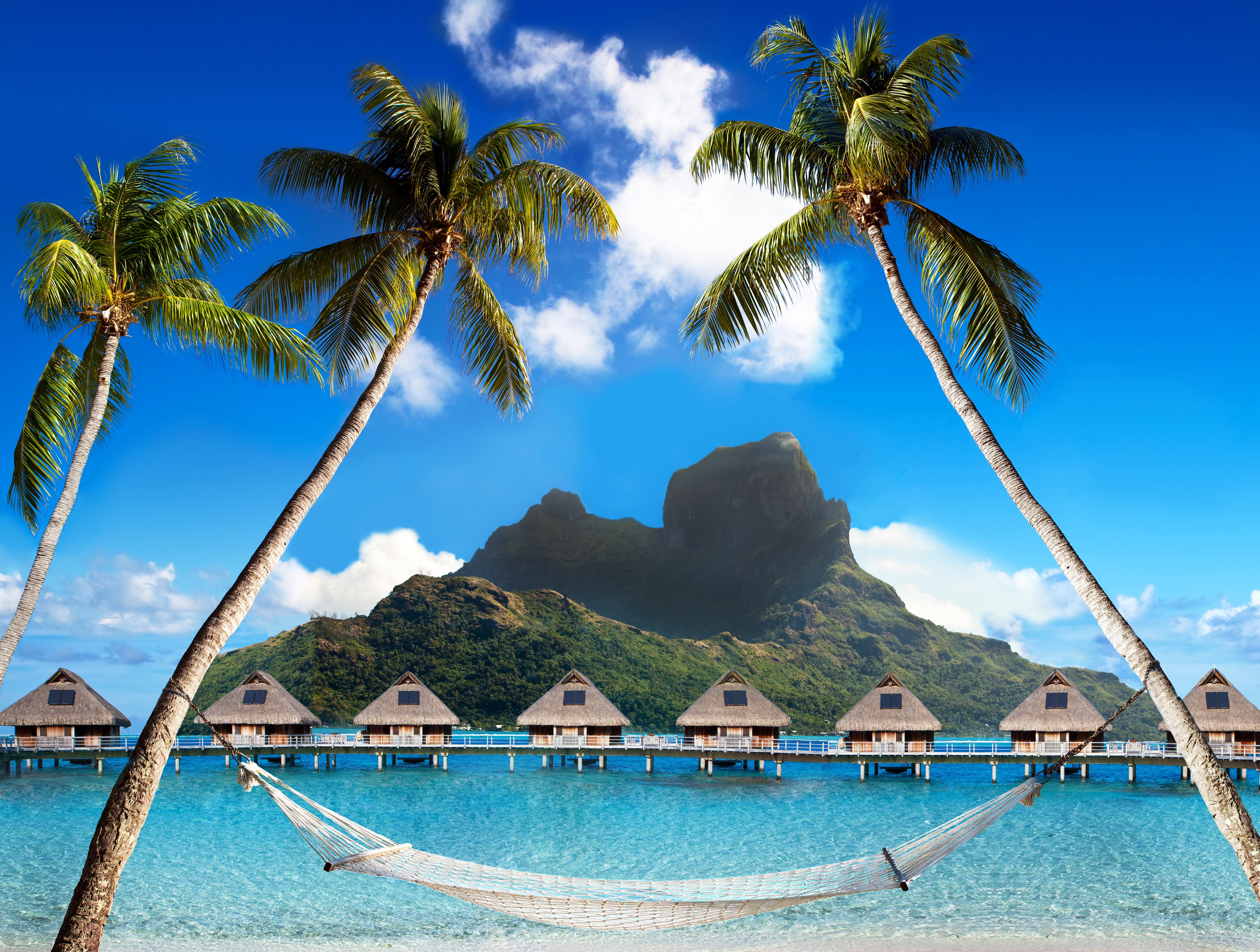 french, Polynesia, Tropics, Mountains, Sky, Sea, Bora bora, Bungalow, Palma, Nature Wallpaper