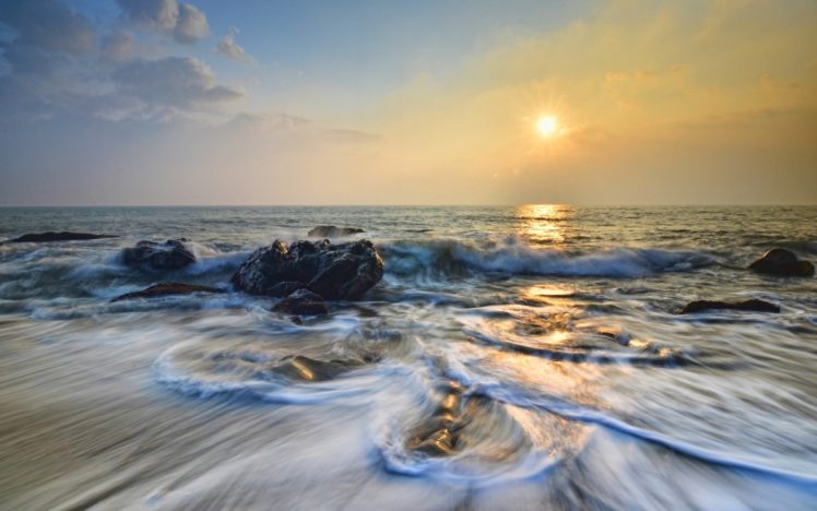 nature, Beaches, Waves, Ocean, Sea, Sky, Clouds, Sunrise, Sunset HD Wallpaper Desktop Background