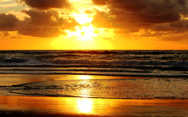 nature, Beaches, Ocean, Sea, Waves, Sky, Clouds, Sunrise, Sunset HD Wallpaper Desktop Background