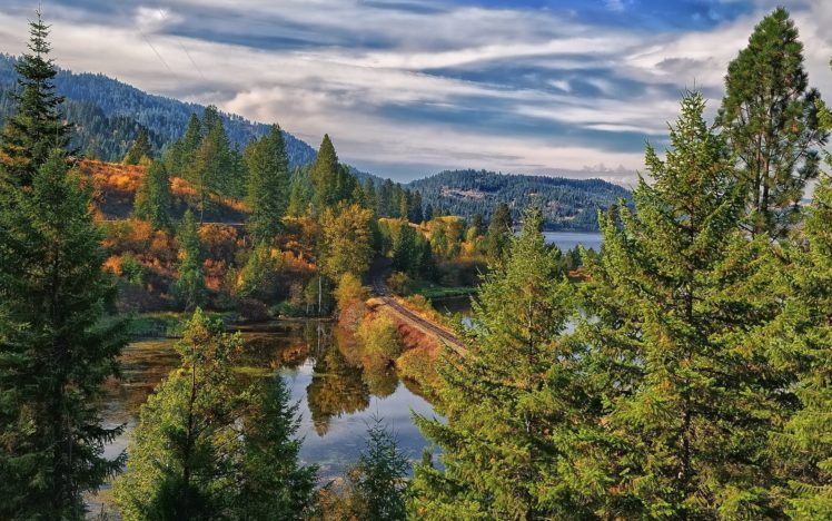 nature, Landscapes, Lakes, Trees, Forest, Autumn, Fall, Woods, Railroad, Tracks, Mountains, Hills, Sky, Clouds, Hdr HD Wallpaper Desktop Background