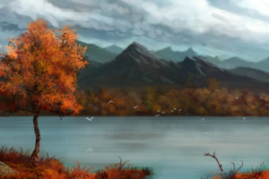 paintings, Art, Landscapes, Lakes, Mountains, Sky, Clouds, Tree, Forest, Autumn, Fall