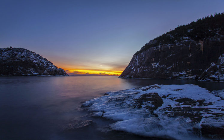 nature, Landscapes, Cliff, Winter, Snow, Sky, Sunset, Sunrise, Ocean, Sea, Inlet HD Wallpaper Desktop Background
