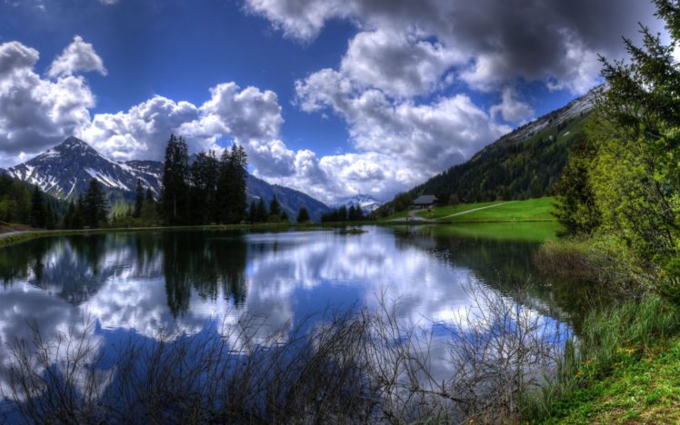french, Alps, Nature, Landscapes, Lakes, Reflection, Water, Shore, Trees, Sky, Clouds, Hdr HD Wallpaper Desktop Background