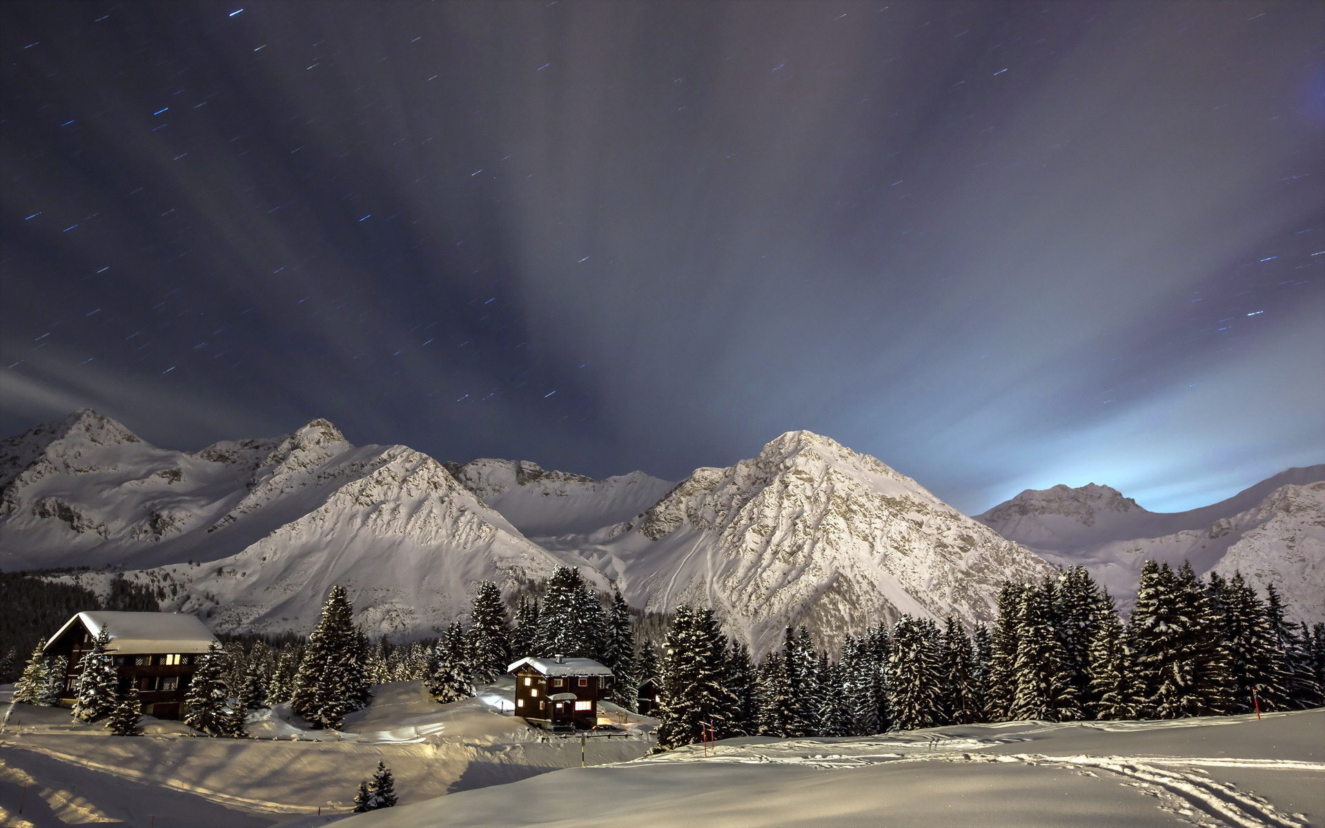 houses, Buildings, Architecture, Cabins, Nature, Landscapes, Winter, Snow, Trees, Mountains, Sky, Stars, Night, Lights, Moonlight Wallpaper