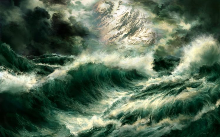 art, Paintings, Ocean, Sea, Seascape, Storm, Waves, Spray, Drops, Moon, Clouds HD Wallpaper Desktop Background