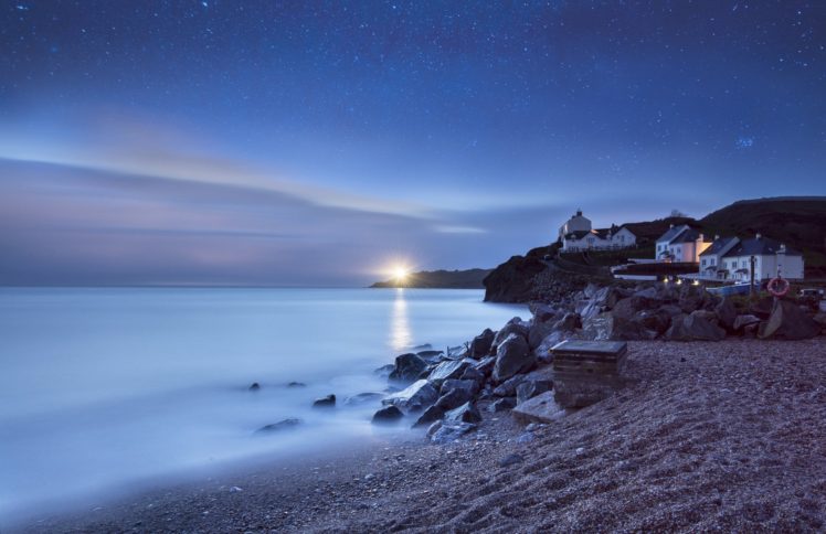 sea, Lighthouse, Home, Night, Stars, Beach HD Wallpaper Desktop Background