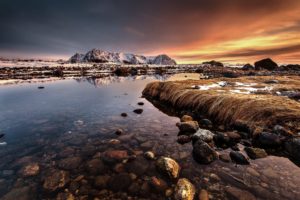 snow, Water, Rocks, Clouds, Sunset