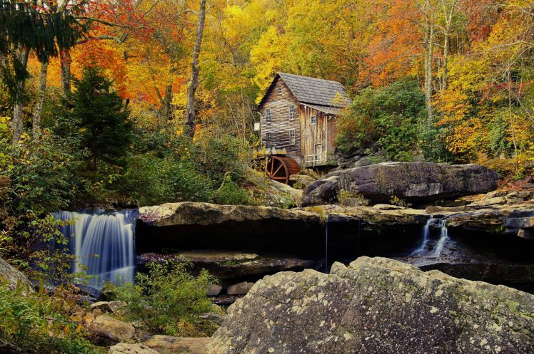babcock, State, Park, Crist, Mill, Autumn, Forest, River, Waterfall, Mill, Landscape HD Wallpaper Desktop Background