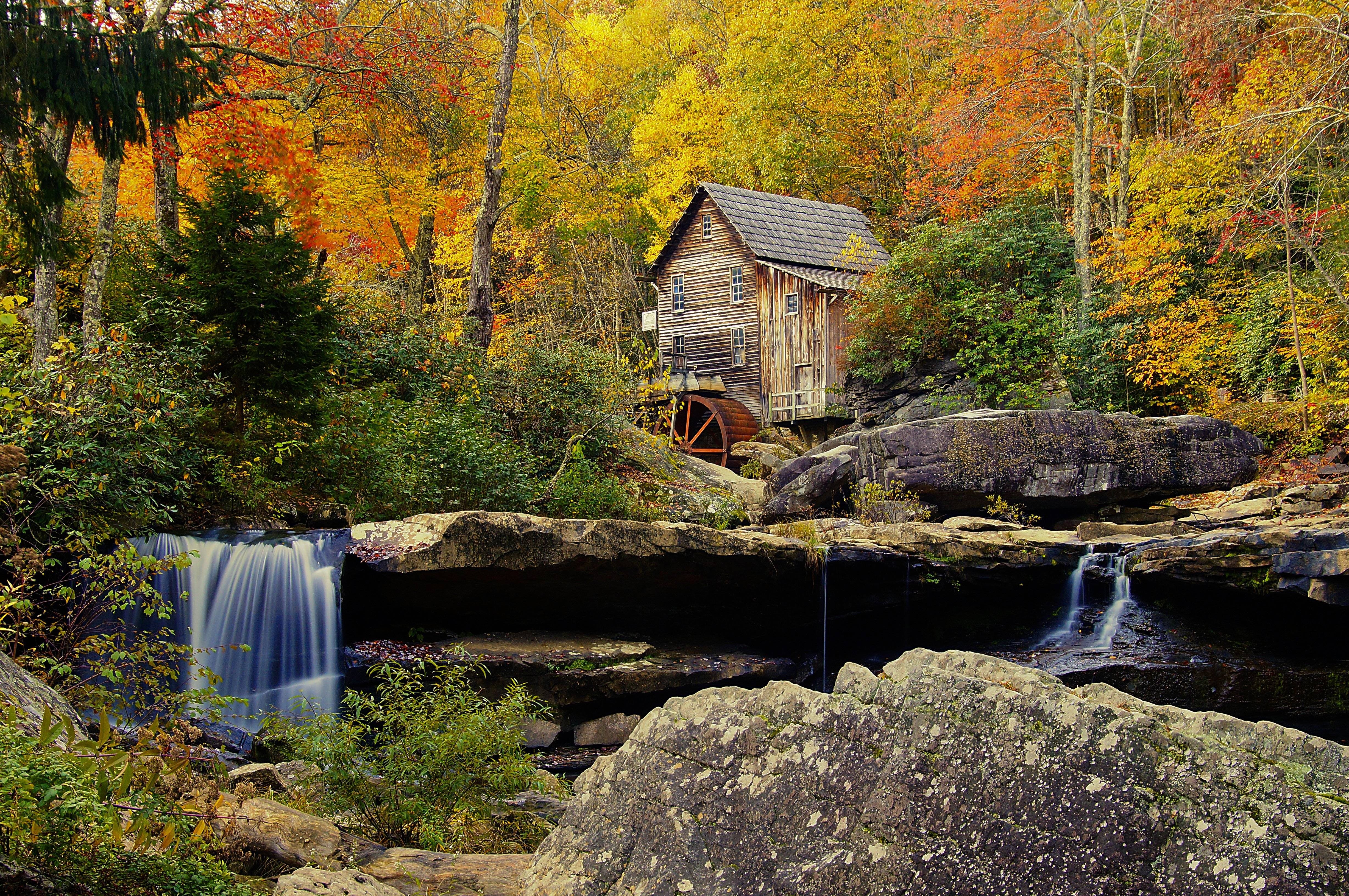 babcock, State, Park, Crist, Mill, Autumn, Forest, River, Waterfall, Mill, Landscape Wallpaper