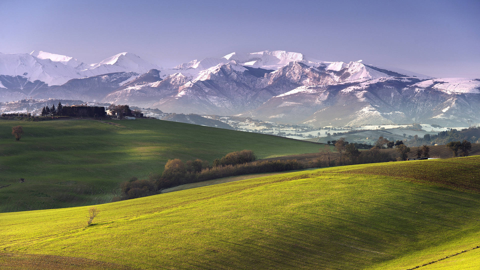 meadow, Nature, Landscapes, Fields, Farm, Mountains, Village, Town, Snow, Sky Wallpaper