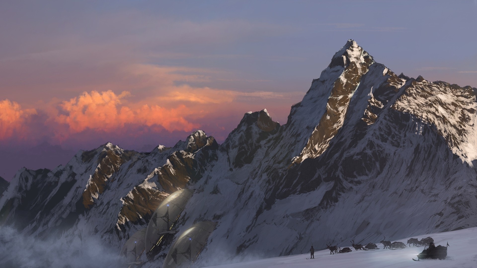 paintings, Art, Landscapes, Mountains, Winter, Snow, Deer, Snowmobile, People, Situation, Sky Wallpaper
