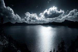 sky, Clouds, Night, Moonlight, Moon, Glow, Silhouette, Lakes, Reflection, Shore, Reflection, Mood, Mountains